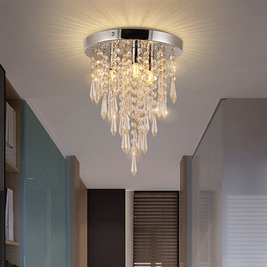 Nordic Crystal Droplet Flush Mount Ceiling Light Fixture in Chrome - 3 Lights