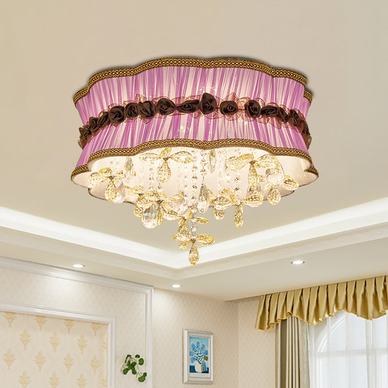 Nordic Crystal Floral Flushmount Light with Sheer Fabric Shade - Coffee/Pink, 6-Bulb, Close to Ceiling