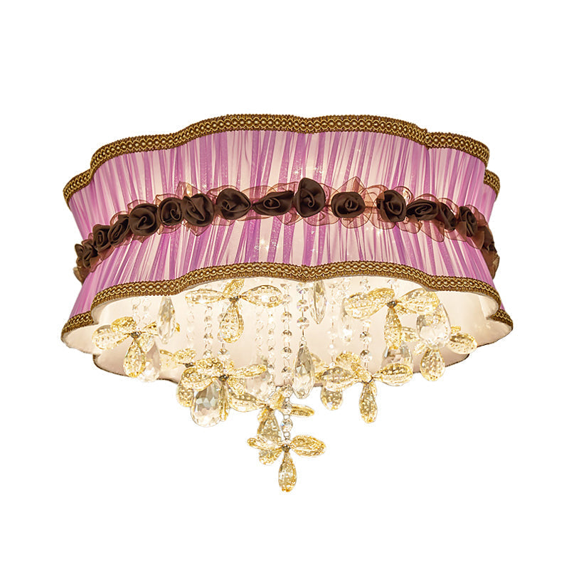 Nordic Crystal Floral Flushmount Light with Sheer Fabric Shade - Coffee/Pink, 6-Bulb, Close to Ceiling