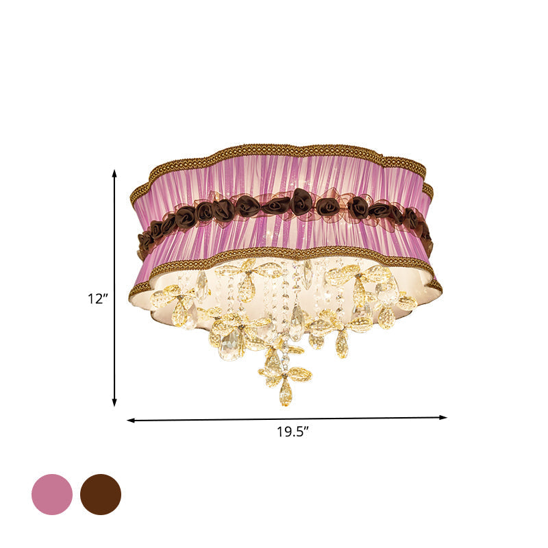 Nordic Crystal Floral Flushmount Light with Sheer Fabric Shade - Coffee/Pink, 6-Bulb, Close to Ceiling