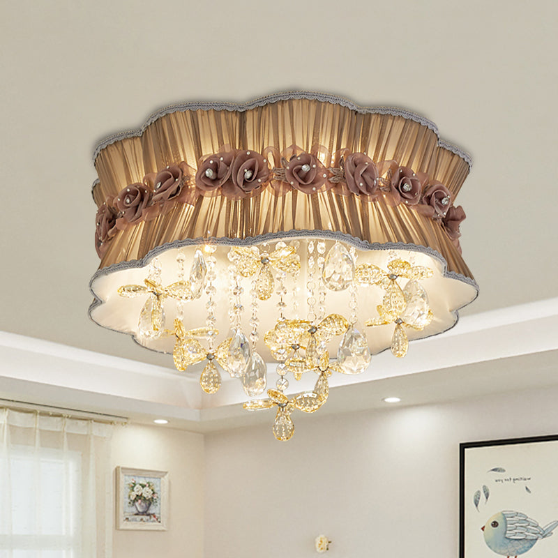 Nordic Crystal Floral Flushmount Light with Sheer Fabric Shade - Coffee/Pink, 6-Bulb, Close to Ceiling