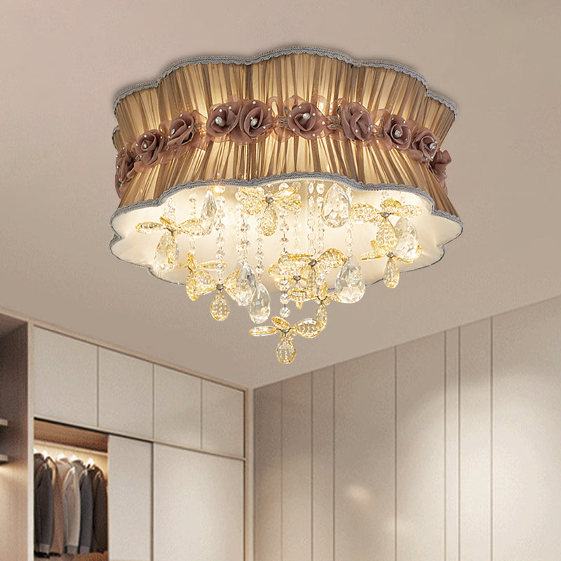 Nordic Crystal Floral Flushmount Light with Sheer Fabric Shade - Coffee/Pink, 6-Bulb, Close to Ceiling