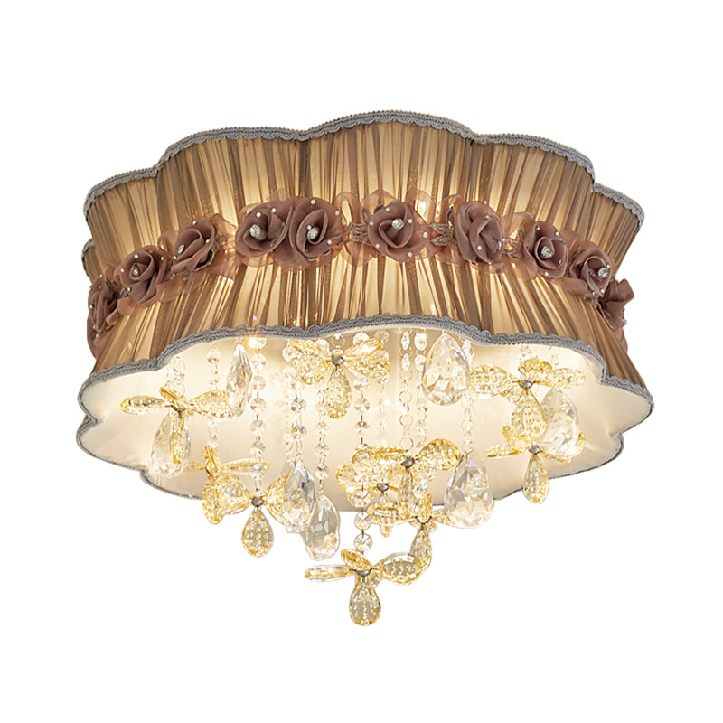 Nordic Crystal Floral Flushmount Light with Sheer Fabric Shade - Coffee/Pink, 6-Bulb, Close to Ceiling