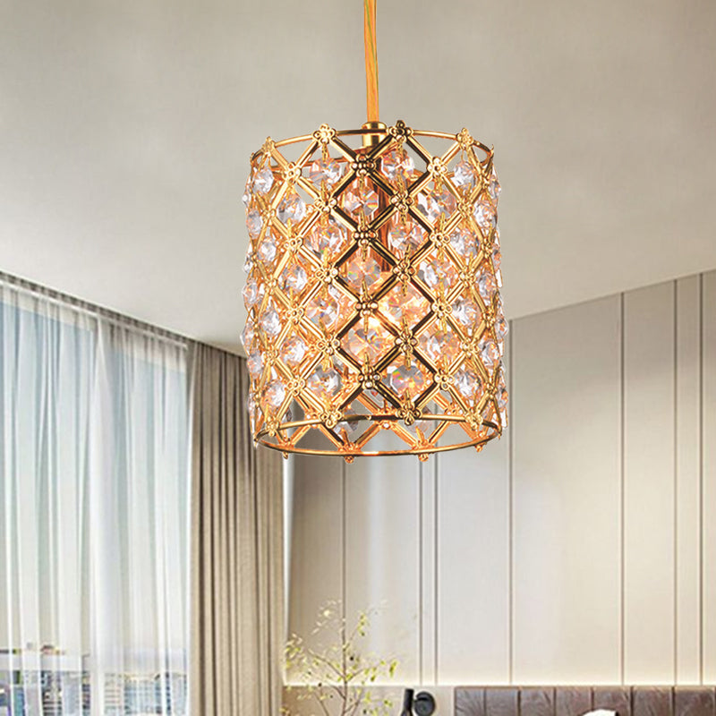 Gold Crystal Ceiling Pendant Light - Hand-Crafted Cylindrical Fixture with Straight Arm - 1 Bulb
