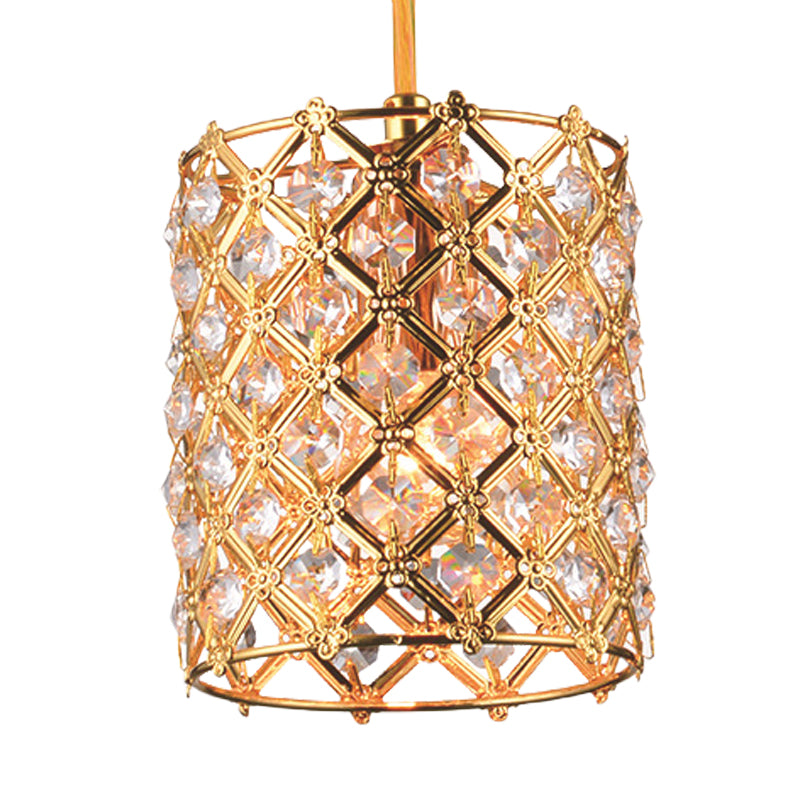 Gold Crystal Ceiling Pendant Light - Hand-Crafted Cylindrical Fixture with Straight Arm - 1 Bulb