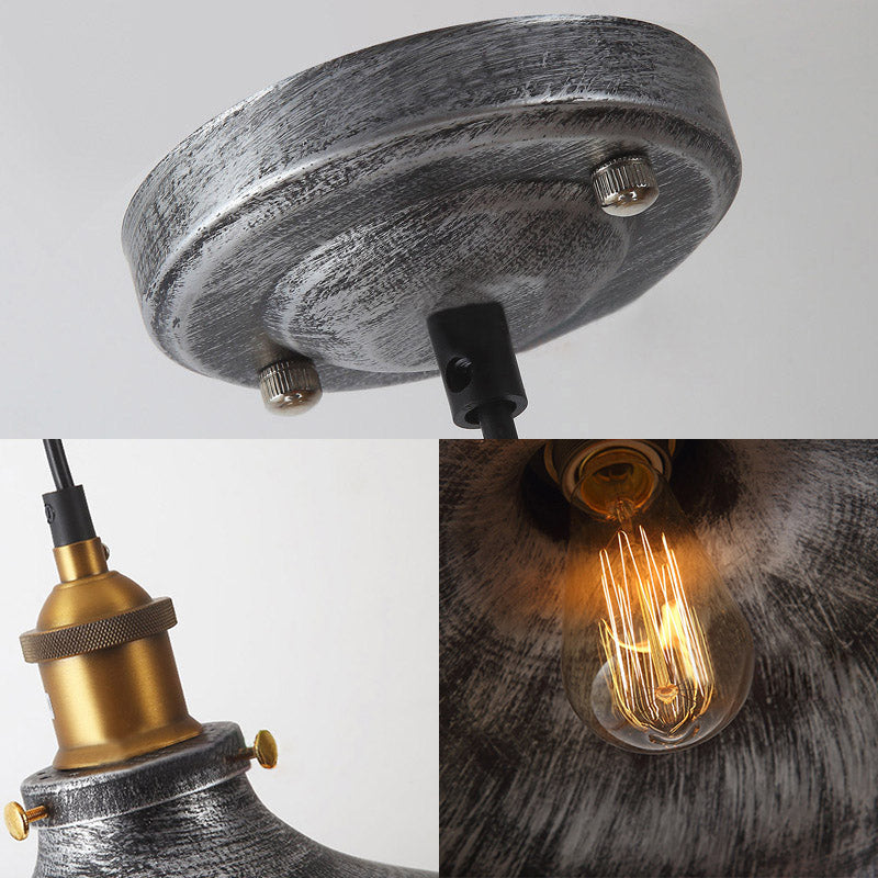 Giulia - Lampe suspendue vintage gris argenté à 1 ampoule avec abat-jour en métal de style antique et cordon enfichable