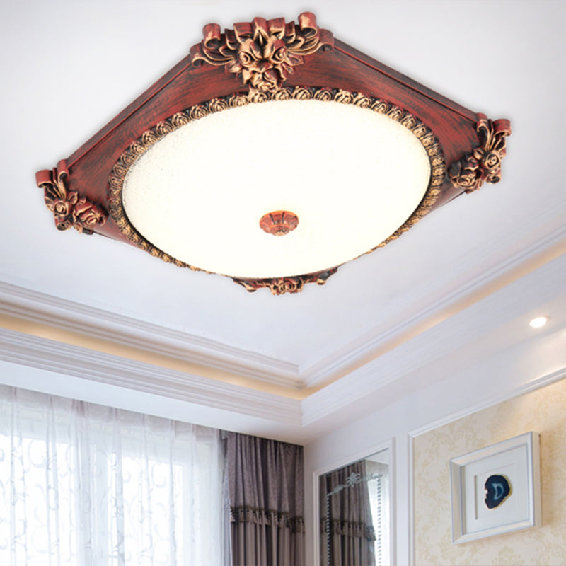 LED Frosted Glass Square Flush Mount Fixture with Bronze/Copper Finish - Countryside Ceiling Light with Round Shade