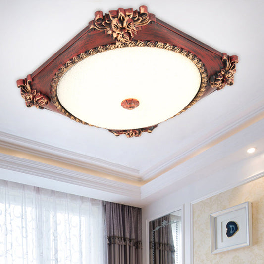 LED Frosted Glass Square Flush Mount Fixture with Bronze/Copper Finish - Countryside Ceiling Light with Round Shade