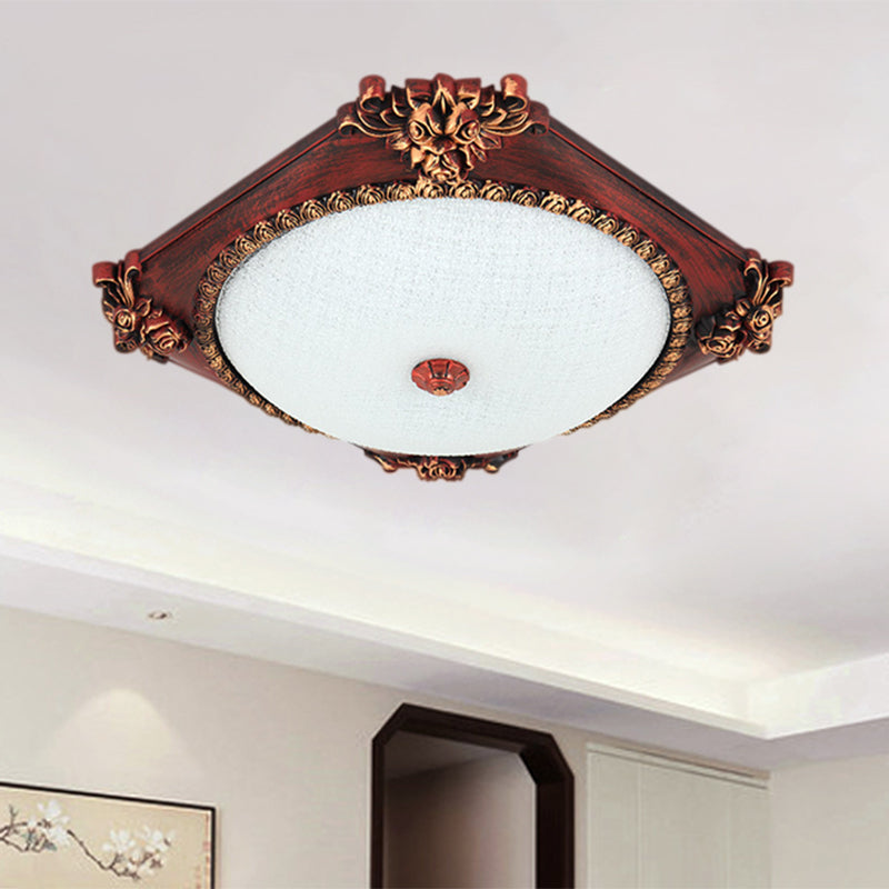 LED Frosted Glass Square Flush Mount Fixture with Bronze/Copper Finish - Countryside Ceiling Light with Round Shade