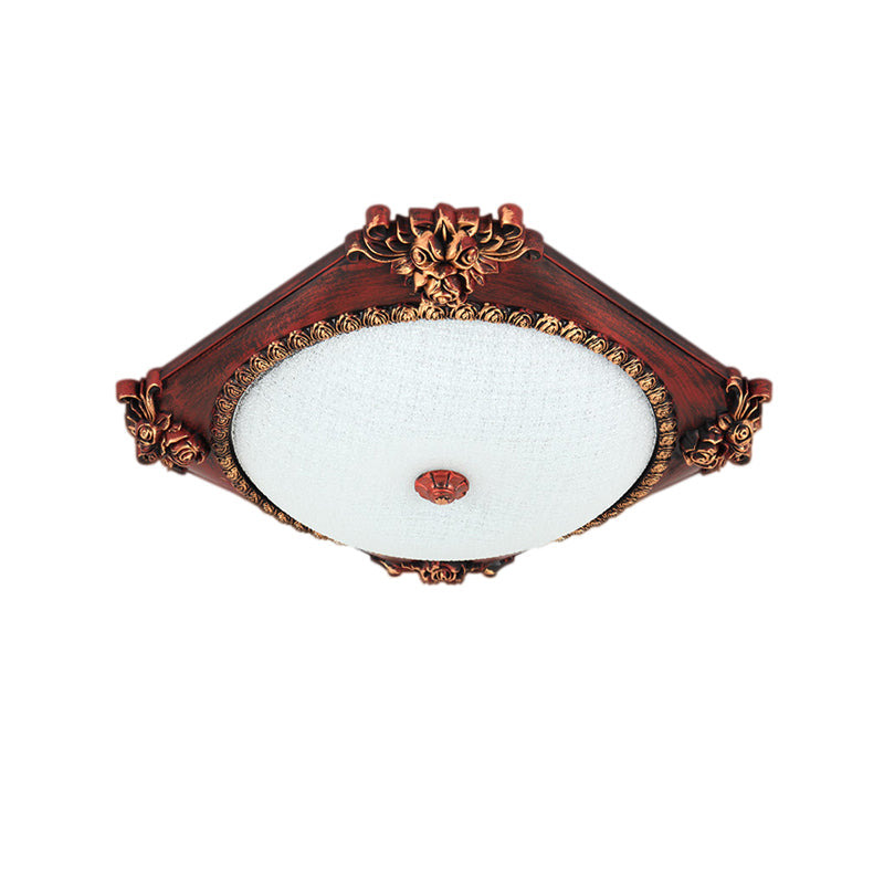 LED Frosted Glass Square Flush Mount Fixture with Bronze/Copper Finish - Countryside Ceiling Light with Round Shade
