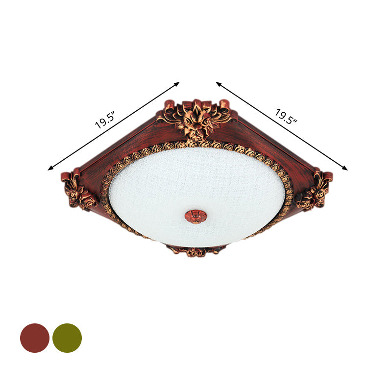 LED Frosted Glass Square Flush Mount Fixture with Bronze/Copper Finish - Countryside Ceiling Light with Round Shade