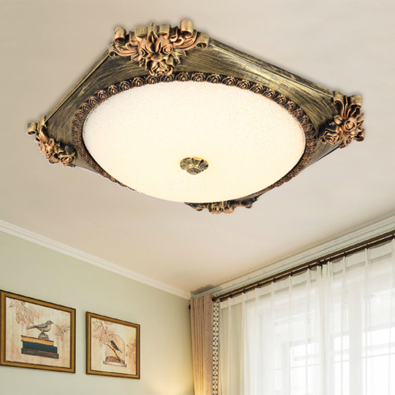 LED Frosted Glass Square Flush Mount Fixture with Bronze/Copper Finish - Countryside Ceiling Light with Round Shade