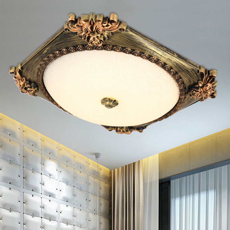 LED Frosted Glass Square Flush Mount Fixture with Bronze/Copper Finish - Countryside Ceiling Light with Round Shade