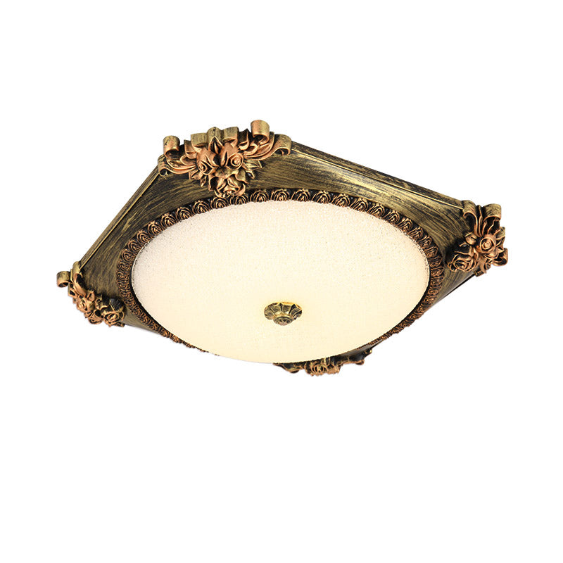LED Frosted Glass Square Flush Mount Fixture with Bronze/Copper Finish - Countryside Ceiling Light with Round Shade
