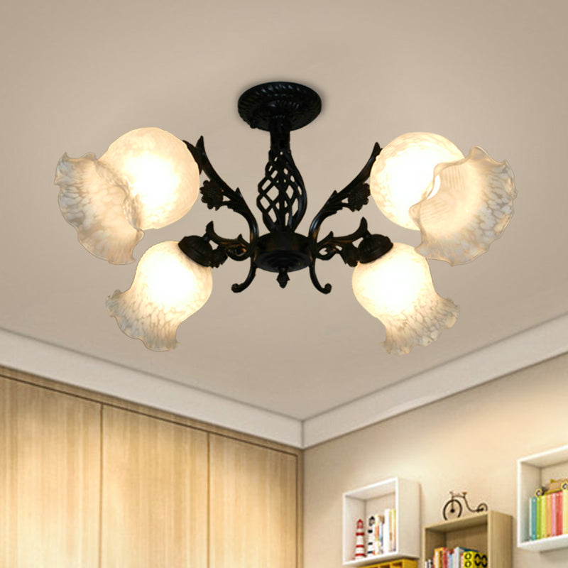 Vintage Blossom Opal Glass Flush Chandelier - Black, 4-Bulb Semi-Flush Light for Study Room