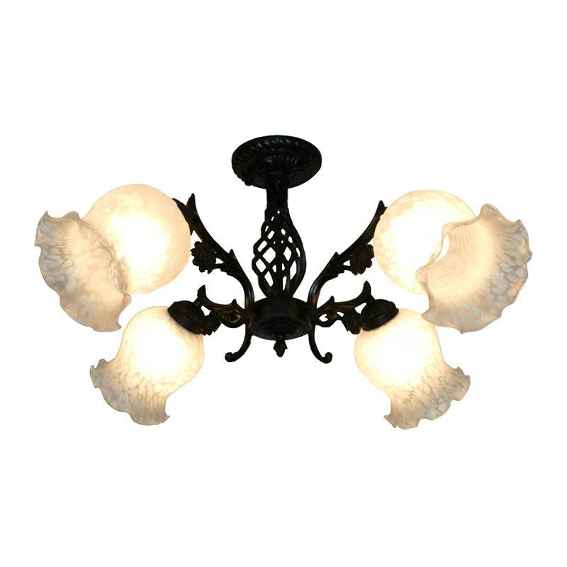 Vintage Blossom Opal Glass Flush Chandelier - Black 4-Bulb Semi-Flush Light For Study Room