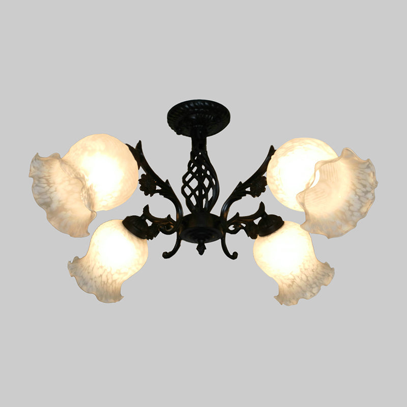 Vintage Blossom Opal Glass Flush Chandelier - Black 4-Bulb Semi-Flush Light For Study Room