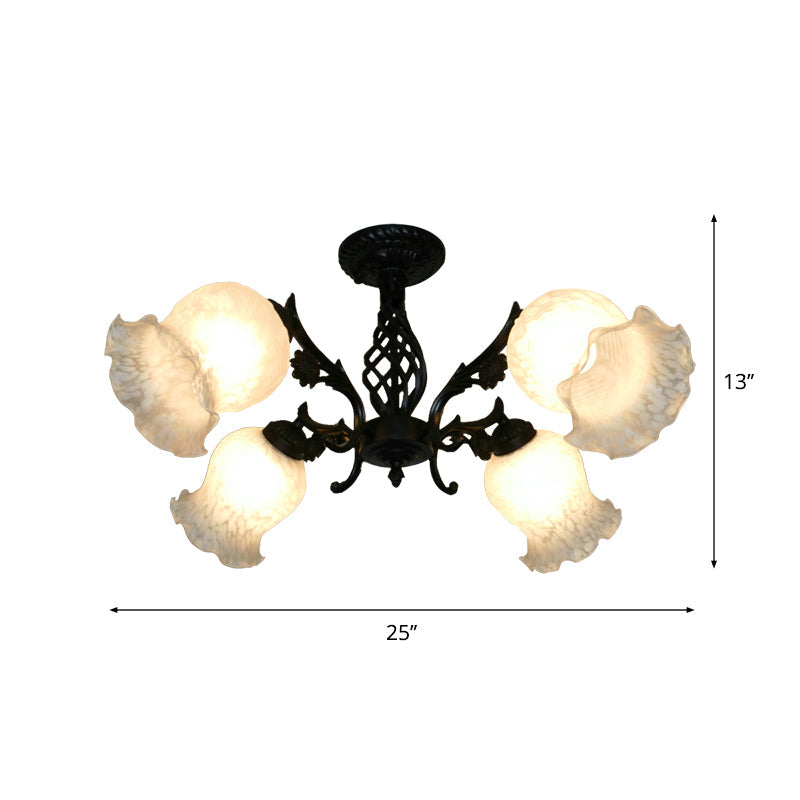 Vintage Blossom Opal Glass Flush Chandelier - Black 4-Bulb Semi-Flush Light For Study Room