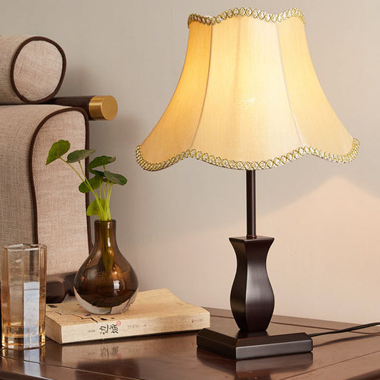 Country Paneled Bell Scalloped Fabric Night Stand Lamp - Beige/Burgundy Beige
