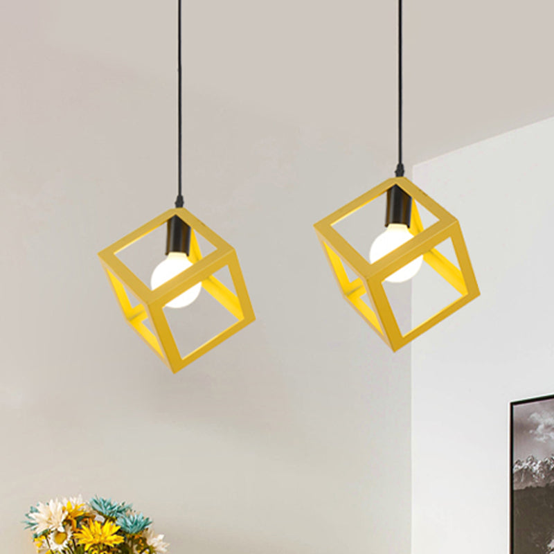 Loft Style Cubic Cage Pendant Light with Colorful Shades for Dining Room