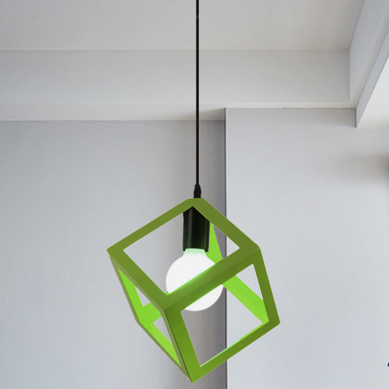 Loft Style Cubic Cage Pendant Light with Colorful Shades for Dining Room