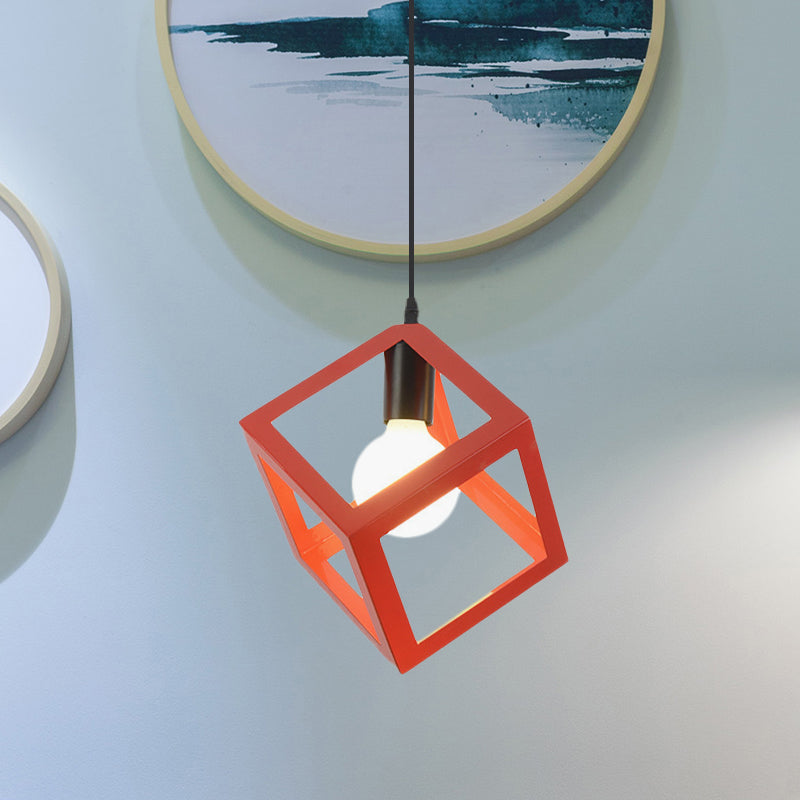 Loft Style Cubic Cage Pendant Light with Colorful Shades for Dining Room