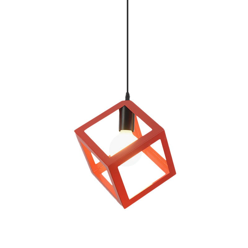Loft Style Cubic Cage Pendant Light with Colorful Shades for Dining Room