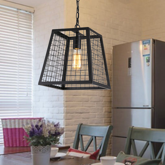 Vintage Style Black Metal Mesh Cage Pendant Light with Trapezoid Bulb Fixture