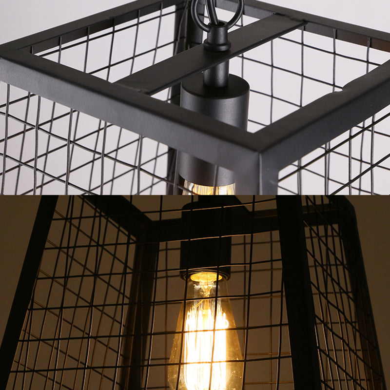 Vintage Style Black Metal Mesh Cage Pendant Light with Trapezoid Bulb Fixture