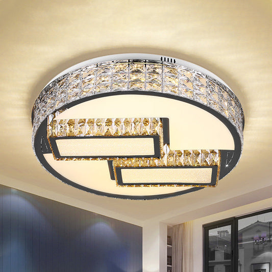 Modern LED Drum Close to Ceiling Lighting Fixture - Stainless Steel with Crystal Flushmount