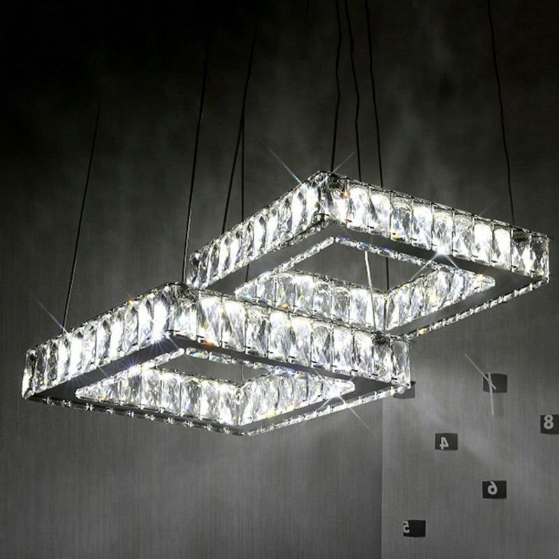 Led Multi Light Crystal Pendant - Minimalist Square Nickel Ceiling Lamp With Inserted Crystals