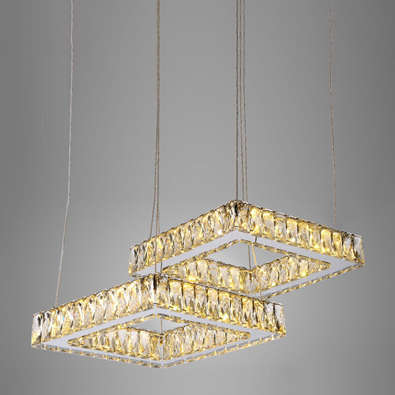 Led Multi Light Crystal Pendant - Minimalist Square Nickel Ceiling Lamp With Inserted Crystals