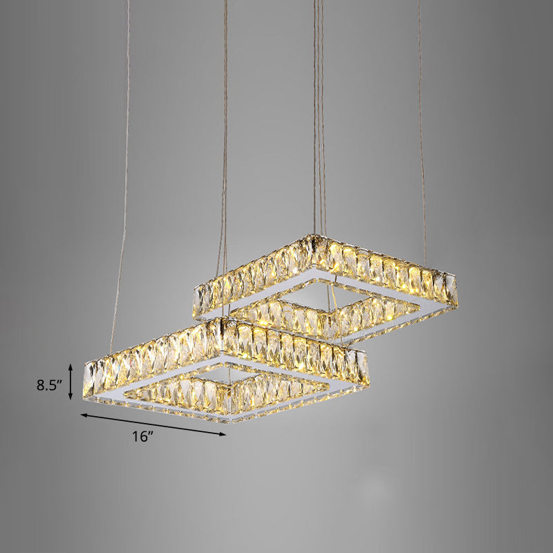 Led Multi Light Crystal Pendant - Minimalist Square Nickel Ceiling Lamp With Inserted Crystals