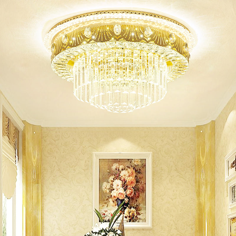 Gold Tiered Drum Bedroom Flushmount Light with Clear Crystal Rectangle LED - Contemporary Flush Mount Fixture