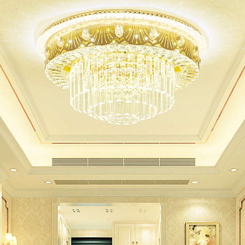 Gold Tiered Drum Bedroom Flushmount Light with Clear Crystal Rectangle LED - Contemporary Flush Mount Fixture