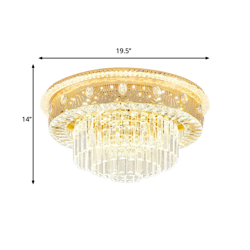 Gold Tiered Drum Bedroom Flushmount Light with Clear Crystal Rectangle LED - Contemporary Flush Mount Fixture