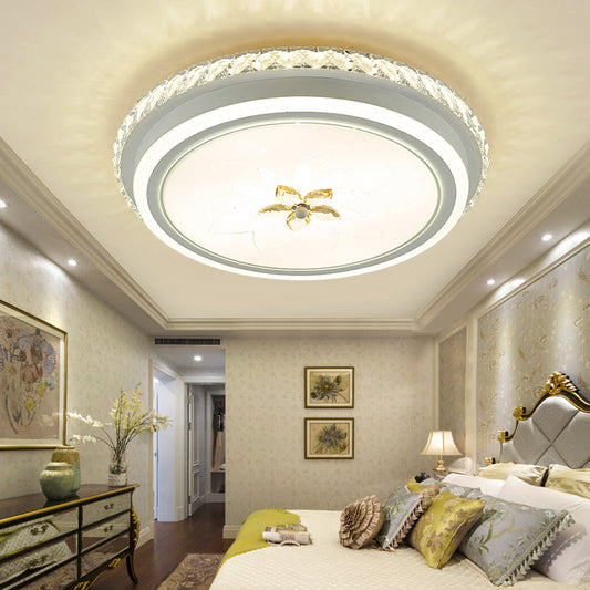 Simplicity LED Metal Flush Lighting with Flower Crystal Decor – White Finish, Round Ceiling Mounted Fixture