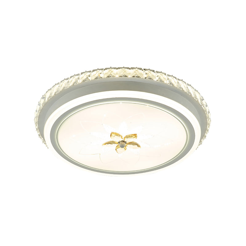 Simplicity LED Metal Flush Lighting with Flower Crystal Decor – White Finish, Round Ceiling Mounted Fixture
