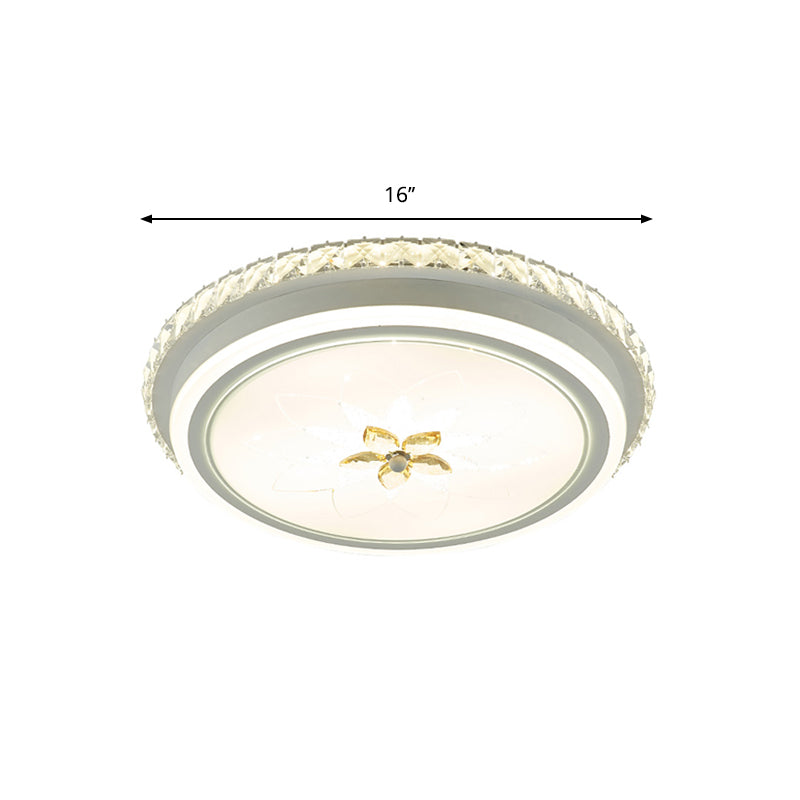 Simplicity LED Metal Flush Lighting with Flower Crystal Decor – White Finish, Round Ceiling Mounted Fixture