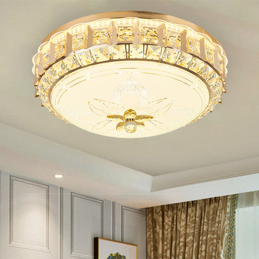 Gold LED Crystal Block Flushmount: Contemporary Drum Living Room Lighting