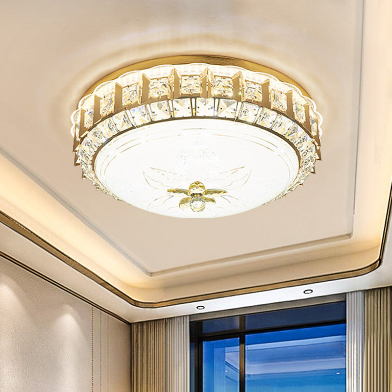 Gold LED Crystal Block Flushmount: Contemporary Drum Living Room Lighting