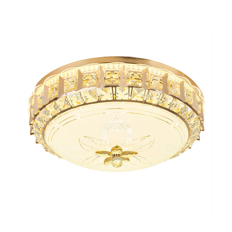 Gold LED Crystal Block Flushmount: Contemporary Drum Living Room Lighting