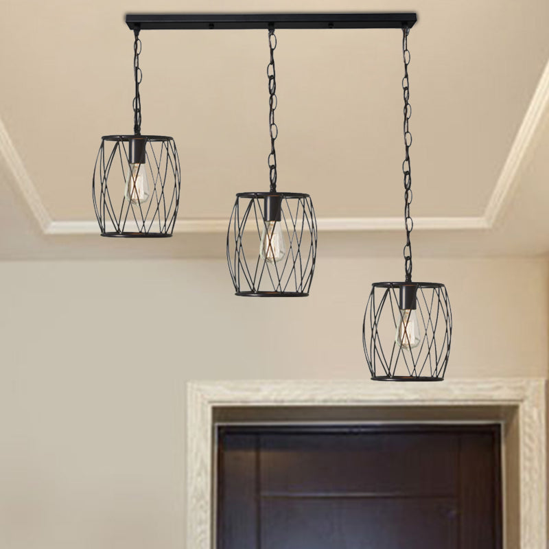 Lampe suspendue élégante en métal noir - Lampe suspendue à 3 ampoules avec abat-jour en cage de style industriel pour hall d'entrée