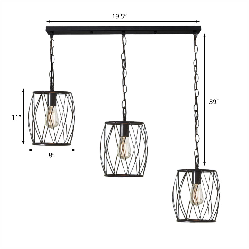Lampe suspendue élégante en métal noir - Lampe suspendue à 3 ampoules avec abat-jour en cage de style industriel pour hall d'entrée