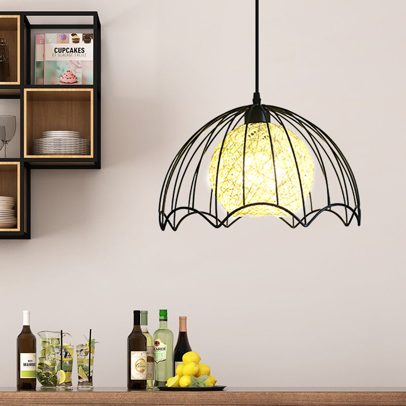 Industrial Dome Metal Hanging Lamp with Rattan Shade - 1 Light Black Ceiling Fixture for Dining Room