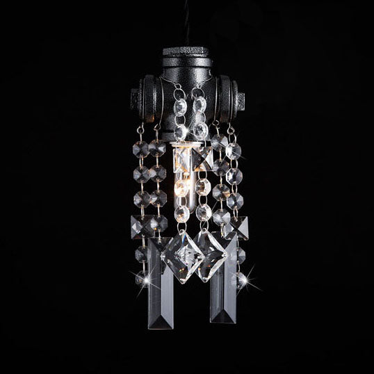 Lampe à suspension industrielle en forme de tuyau d'eau noir avec accent en cristal pour plafond de café
