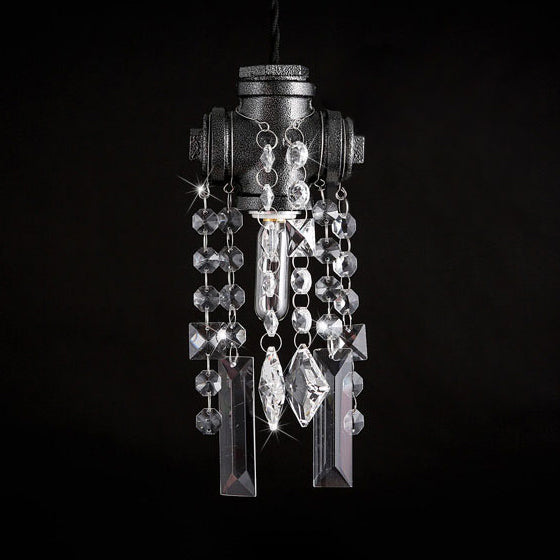 Lampe à suspension industrielle en forme de tuyau d'eau noir avec accent en cristal pour plafond de café
