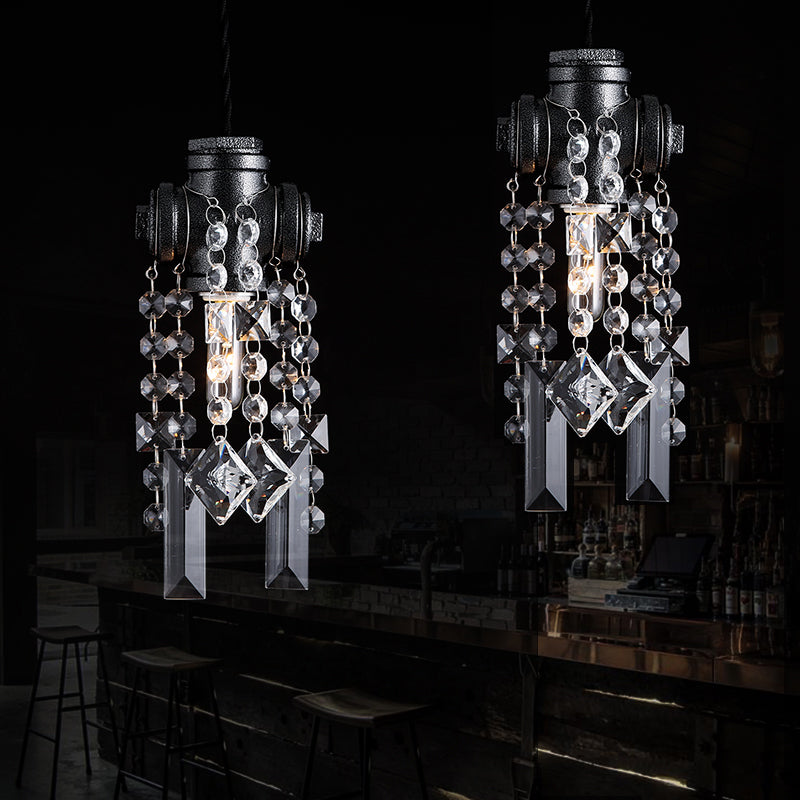 Lampe à suspension industrielle en forme de tuyau d'eau noir avec accent en cristal pour plafond de café