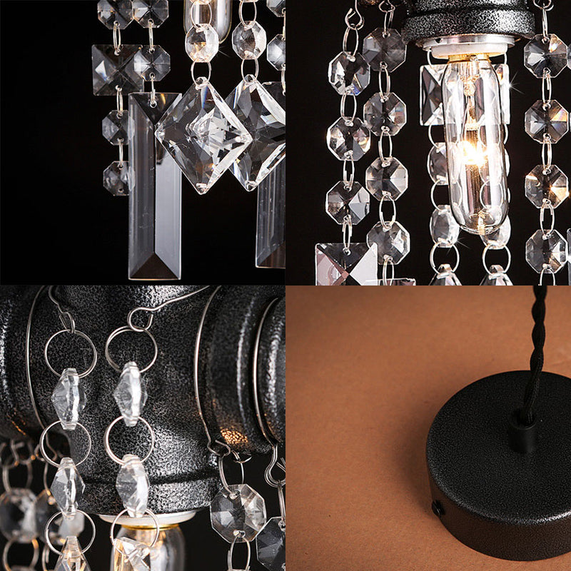 Lampe à suspension industrielle en forme de tuyau d'eau noir avec accent en cristal pour plafond de café