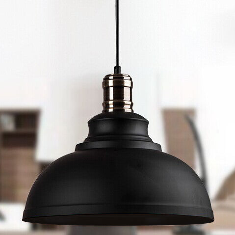 Plafonnier suspendu métallique de style industriel - 12"/14"/16" de diamètre, 1 lampe, abat-jour en forme de bol, intérieur noir/blanc